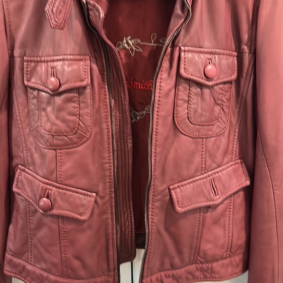 Flora Smith burgundy leather bomber jacket size 42 - Picture 3 of 11